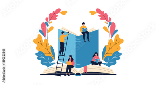 Group of people reading on giant open books decorated with large colorful autumn leaves and foliage representing knowledge and seasonal inspiration.