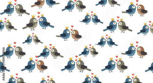 Seamless romantic pattern with pairs of cute birds wearing gold crowns and small red floating hearts for wedding and valentine day textile designs.