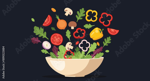 Fresh colorful vegetables like tomatoes peppers and mushrooms falling into a ceramic salad bowl for healthy nutrition and culinary preparation themes.