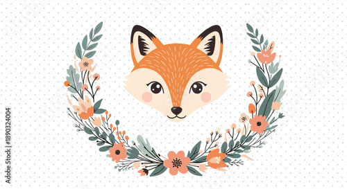 Beautiful fox head portrait surrounded by a colorful floral wreath of flowers and leaves on a dotted background for children room and nursery decor.