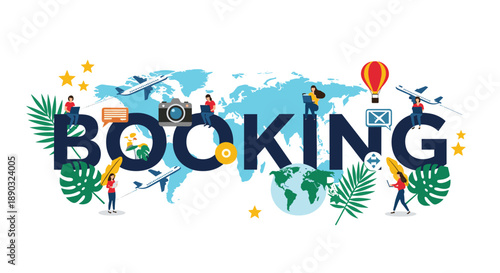 Travel booking concept banner featuring world map and people searching for flights and vacation destinations online on their laptops.