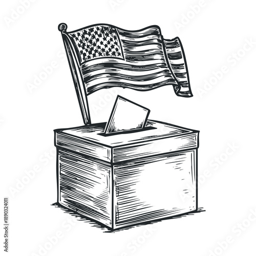 Ballot box with American flag and voting paper being inserted into the slot, representing democracy, elections, and civic participation.