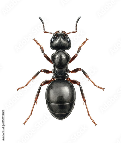 Detailed scientific illustration of a black ant viewed from above on a clean white background