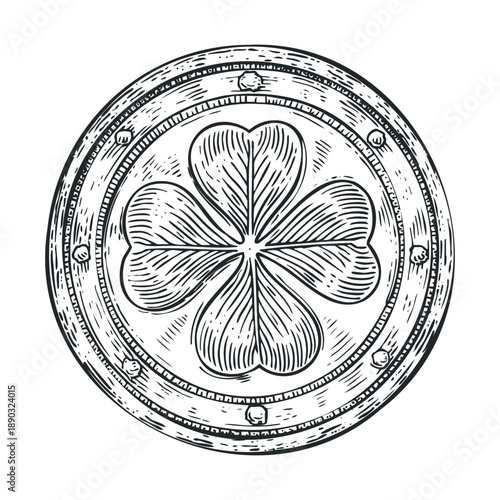 Vintage four-leaf clover emblem with intricate details is depicted in a classic woodcut style, symbolizing good fortune and Irish heritage.