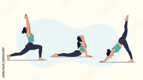 Illustration demonstrating three different yoga poses performed by a woman to improve flexibility, strength, and mental wellness in a routine.