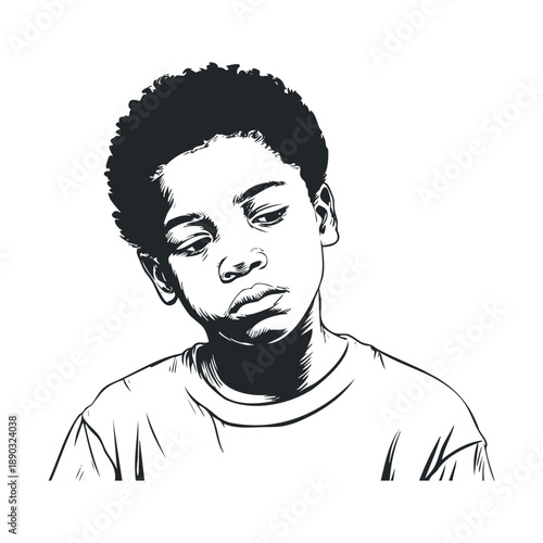 Young African American boy looking down with a pensive expression, depicted in a striking black and white vector illustration style.