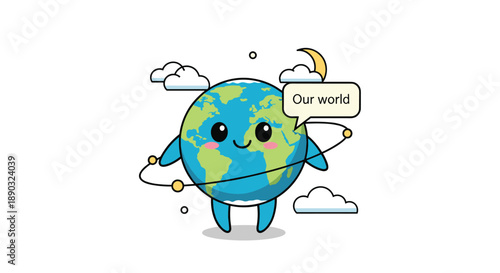 Cute cartoon earth planet character smiling with orbital rings and white clouds on a clean white background for environment.