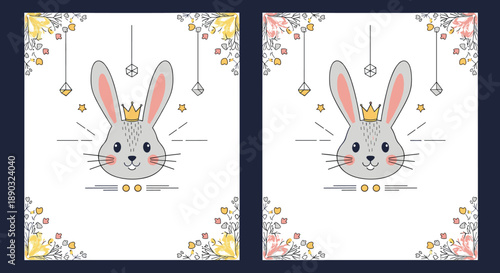 Elegant nursery wall art design featuring a cute gray bunny wearing a golden crown surrounded by delicate floral patterns.