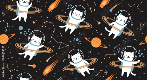 Whimsical space pattern featuring cute white cat astronauts floating among planets and stars in a dark starry galaxy.