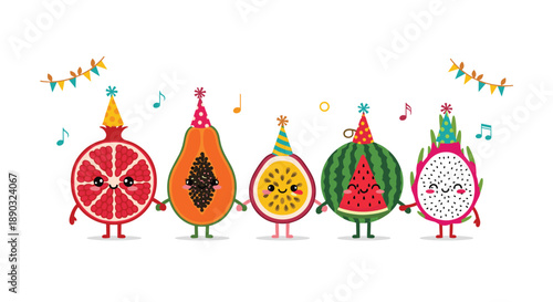 Group of cheerful tropical fruit characters wearing party hats and holding hands to celebrate a festive holiday or event.