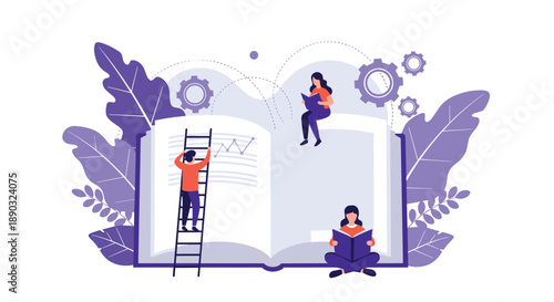 Educational concept with tiny people exploring knowledge and ideas within a giant open book with gears and leaves.