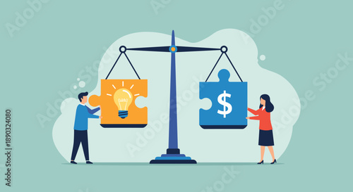 Business team balancing innovation and financial profit on a scale representing the equilibrium between ideas and money.