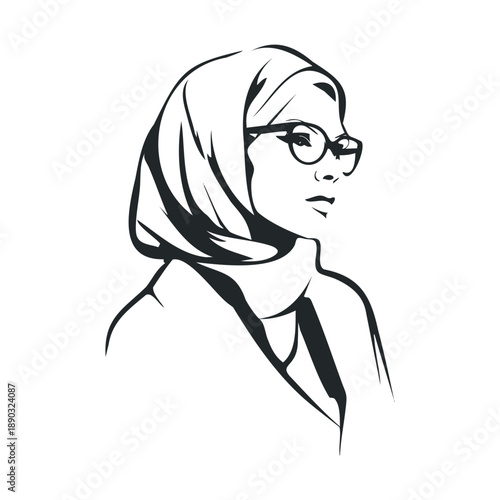 Stylish woman in a hijab and glasses looks thoughtfully to the side, depicted in a modern minimalist black and white vector illustration.