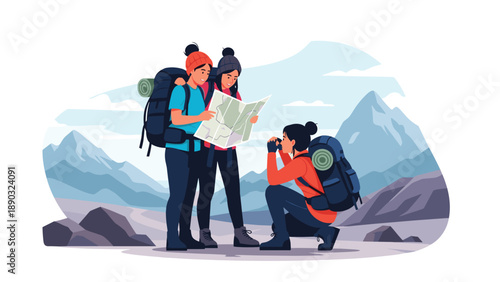 Group of three adventurous women hikers with backpacks studying a paper map while exploring a scenic mountain range trail in the wilderness.