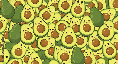 Fun and vibrant pattern of cute happy avocado halves with seeds and smiling faces for healthy food and lifestyle themes.