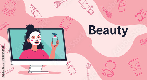 Online beauty tutorial concept with a woman wearing a face mask on a computer screen surrounded by cosmetic icons.