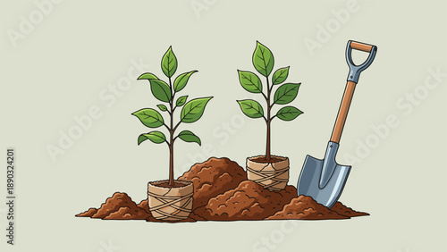 Two young green saplings planted in soil mounds next to a large metal shovel in a garden ready for a tree planting event or reforestation.