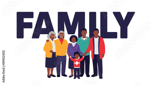 Happy multi-generational African American family of seven people including children, parents, and grandparents standing together as a group.