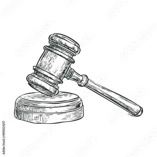 Judge's gavel and sound block illustration represents justice, authority, and legal proceedings in a classic hand-drawn sketch style.