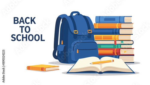 Set of school supplies including a blue backpack, a tall stack of colorful textbooks, and an open notebook with a pencil for education.