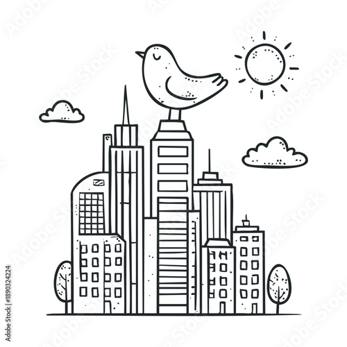 Happy bird sits peacefully atop a tall skyscraper in a bustling city environment, with the sun shining brightly and clouds floating above, depicting urban nature.