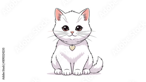Adorable white kitten with large brown eyes and a heart-shaped collar sitting peacefully on a white background looking at the viewer.