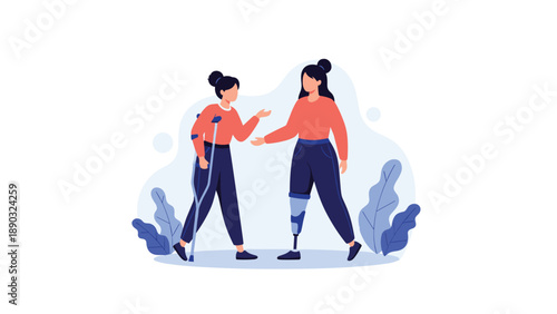 Two women with physical disabilities including crutches and a prosthetic leg interacting and talking in a supportive outdoor environment.