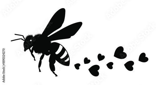 A black silhouette of a bee in flight leaving a trail of hearts silhouette