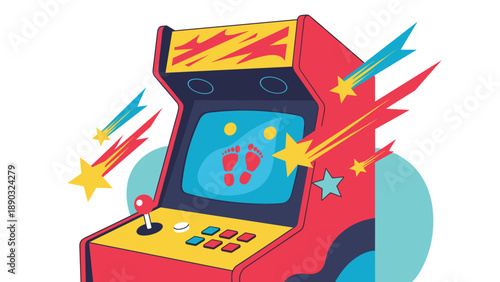 Retro arcade game cabinet with a screen showing a feet icon surrounded by colorful lightning bolts and stars in a nostalgic gaming scene.