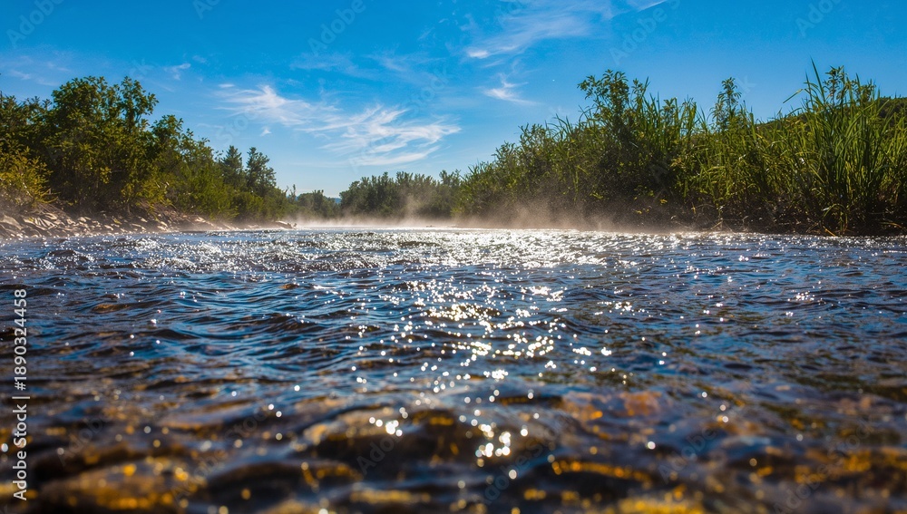 Fototapeta premium Showing shallow river rippling near water surface at low angle, with pebbles, mist, sunlight glints