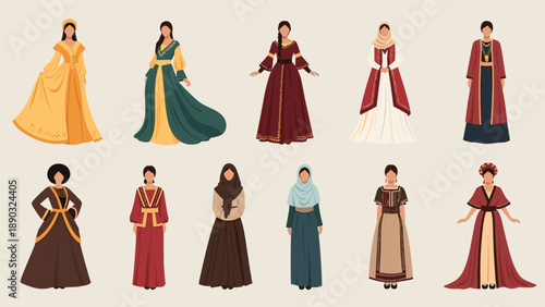 Detailed collection of ten illustrations showing women wearing diverse traditional or historical dresses from various cultures and eras.