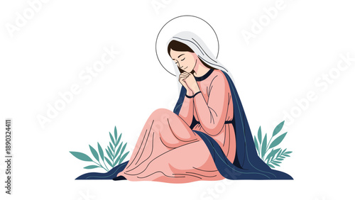 Beautiful illustration of the Virgin Mary sitting on the ground in prayer with a halo and a blue robe in a serene and spiritual setting.