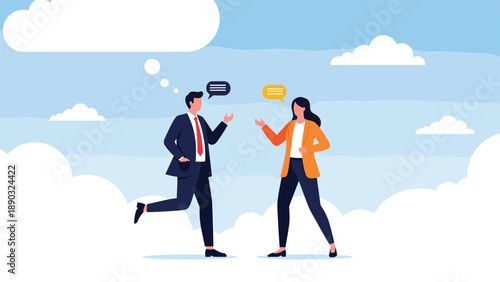 Businessman and businesswoman having a conversation with speech bubbles in the clouds, representing professional communication and networking.