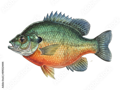A vibrant green orange and red freshwater fish swimming with mouth open in a detailed watercolor illustration
