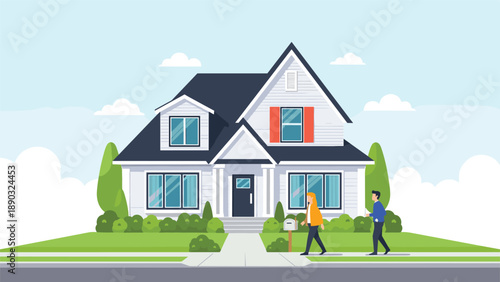 Charming suburban two story house with a neat lawn and a couple walking along the sidewalk under a clear blue sky with fluffy white clouds.