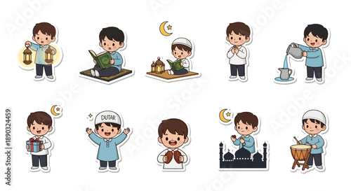 Collection of cute cartoon Muslim boy stickers performing various Islamic rituals and activities like reading Quran, praying, wudu, and celebrating Eid.