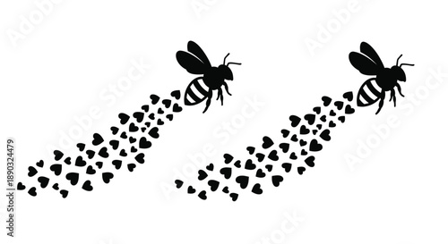 Two bees flying with a trail of hearts a striking silhouette