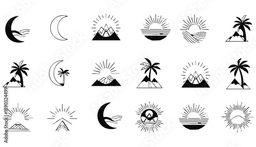 A collection of minimalist bohemian-style linear logos and icons featuring geometric sun motifs, elegant palm tree silhouettes, and stylized landscape elements in thin line art. The designs showcase m