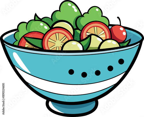 Deliciously fresh cartoon illustration depicting a vibrant garden salad overflowing with crisp lettuce ripe tomato slices and pale yellow cucumber pieces served invitingly within a bright blue ceramic
