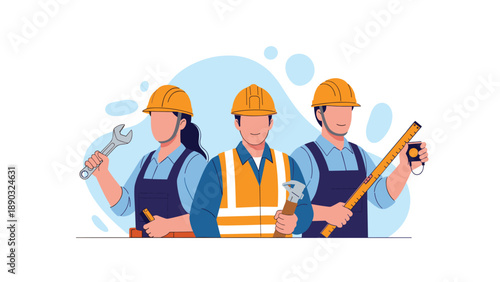 Team of three professional construction workers or engineers wearing yellow hard hats and holding various building tools on a blue background.