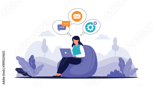 Young woman sitting comfortably on a purple beanbag chair while working on a laptop with social media and setting icons floating in thought.