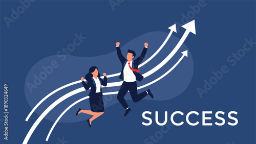 Energetic businessman and businesswoman jumping with joy as white arrows point upwards, signifying corporate growth and professional success.