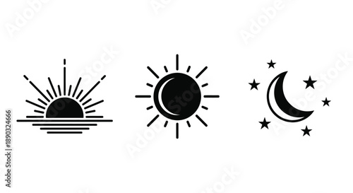 Minimalist celestial icons featuring sun moon and horizon silhouette