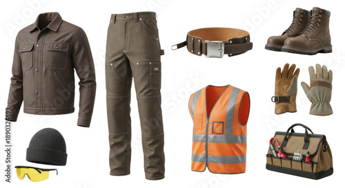 Construction worker safety gear including jacket, trousers, high-visibility vest, boots, gloves, helmet, safety glasses, belt, and toolbox, perfect for industrial work environments