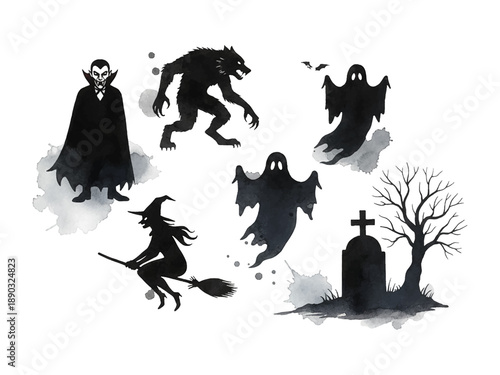 Creepy Halloween Characters Vampire Werewolf Witch Ghosts Tombstone and Dead Tree Silhouettes Spooky Mood