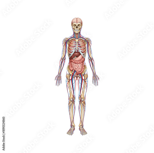 Full Human Body Anatomy Diagram Showing Skeleton Organs and Circulatory System Medical Illustration