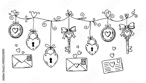 A whimsical illustration of love symbols and heart-shaped objects hanging from a decorative line