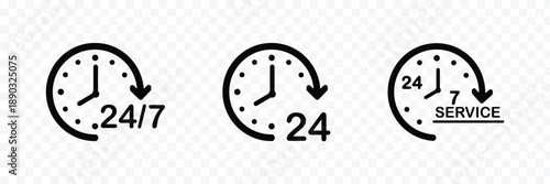 Set of red 24 hour service icons featuring clocks and circular arrows for non-stop customer support and delivery. Time twenty four icon flat simple icon. Liner version stock vector. 24 Hrs collection.