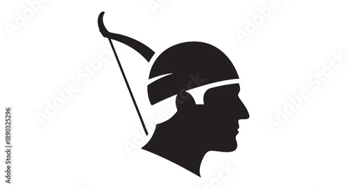 Silhouette of a warrior's profile wearing a helmet with a plume viewed from the side