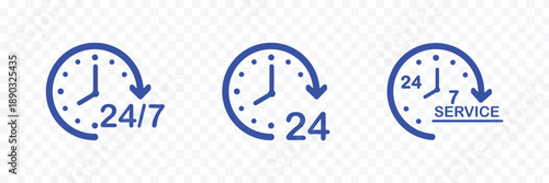 Set of red 24 hour service icons featuring clocks and circular arrows for non-stop customer support and delivery. Time twenty four icon flat simple icon. Liner version stock vector. 24 Hrs collection.